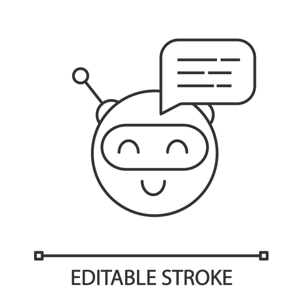 Chatbot message linear icon. Talkbot. Thin line illustration. Circle head laughing chat bot. Modern robot. Virtual assistant. Conversational agent. Contour vector isolated drawing. Editable stroke