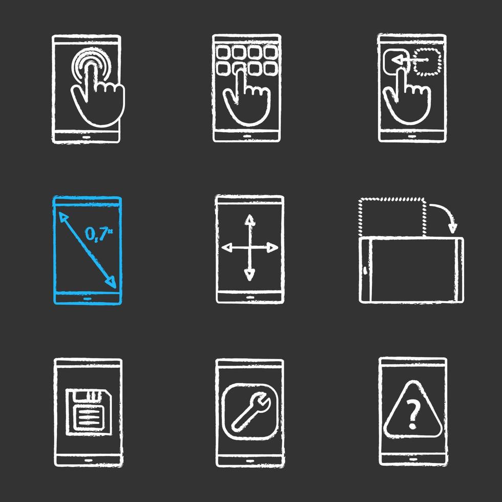 Smartphone chalk icons set. Touchscreen, keypad, drag gesture, display rotation, inch size, screen resize, save button, settings, FAQ. Isolated vector chalkboard illustrations