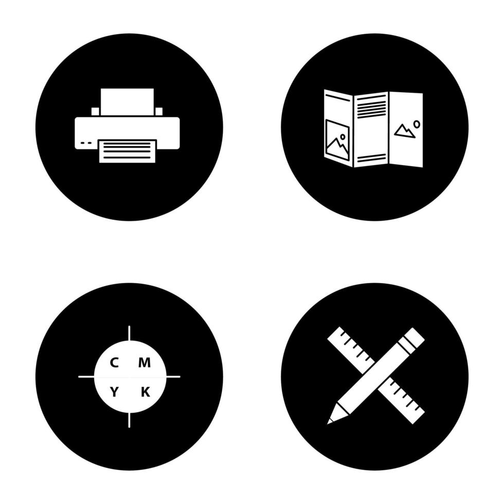 Printing glyph icons set. Printer, folded brochure, CMYK color model, pencil and ruler. Vector white silhouettes illustrations in black circles