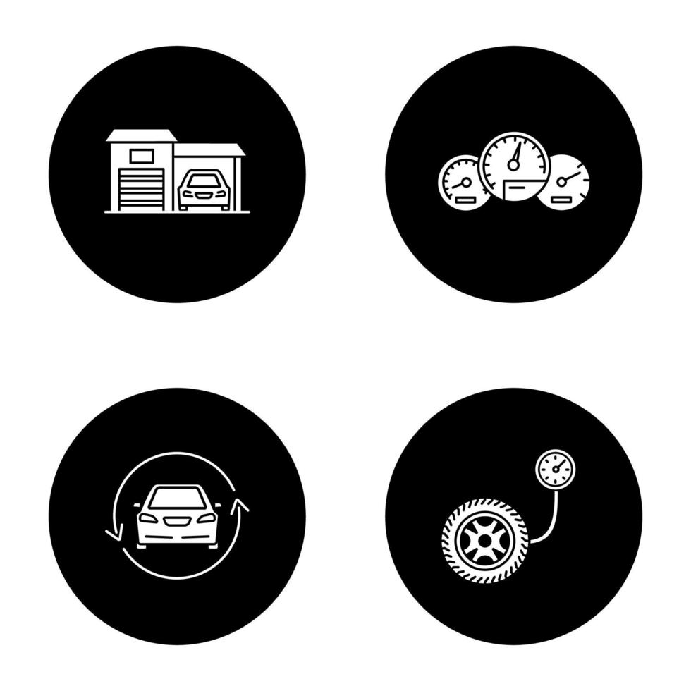 Auto workshop glyph icons set. Garage, dashboard, car with circle arrow, tire pressure gauge. Vector white silhouettes illustrations in black circles