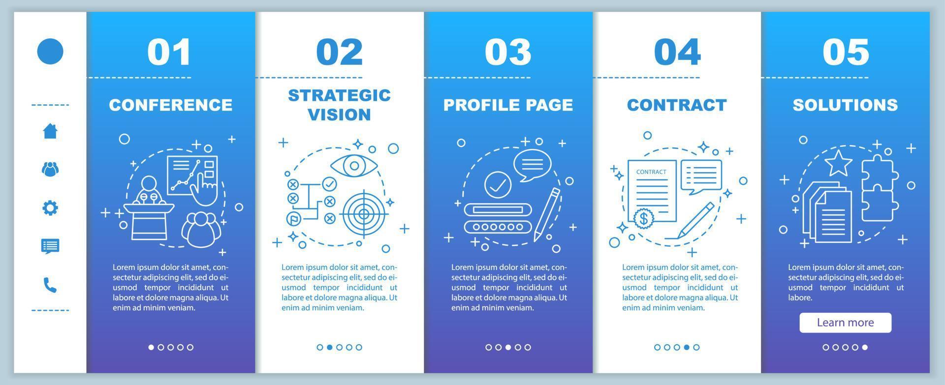 Solutions searching onboarding mobile web pages vector template. Conference, strategic vision, profile page, contract, solutions. Responsive smartphone website interface. Webpage walkthrough screens