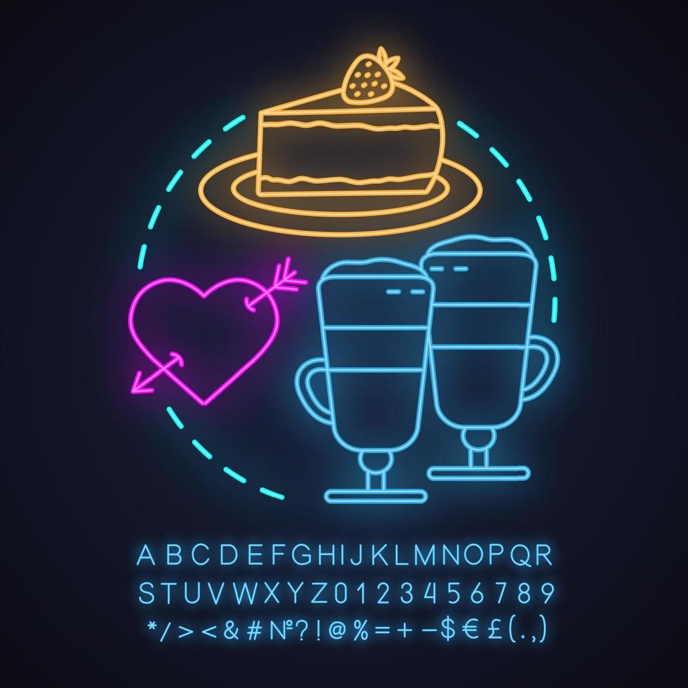 Cafe neon light concept icon. First date idea. Coffee house. Latte macchiato and cheesecake. Glowing sign with alphabet, numbers and symbols. Vector isolated illustration