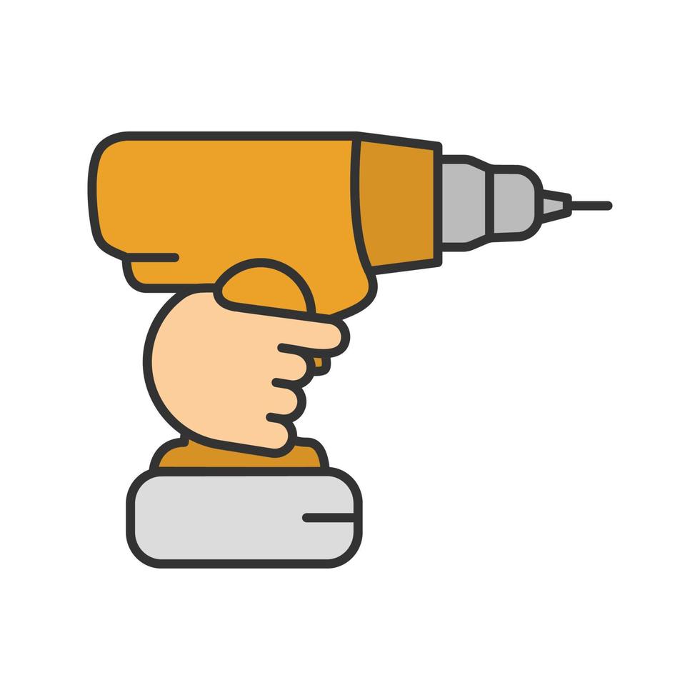 Hand holding cordless drill color icon. Portable electric screwdriver. Isolated vector illustration