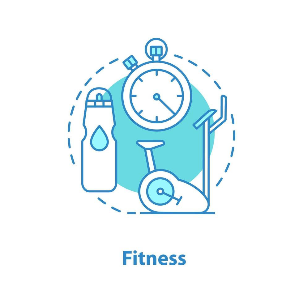 Fitness concept icon. Sports training idea thin line illustration. Gym. Stationary bicycle, water bottle, stopwatch. Vector isolated outline drawing