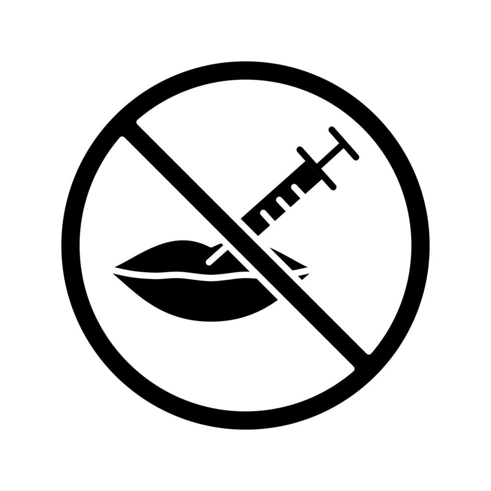 Neurotoxin lips injection prohibition glyph icon. Stop lips augmentation. Neuro toxin injection inside forbidden sign. Silhouette symbol. Negative space. Vector isolated illustration