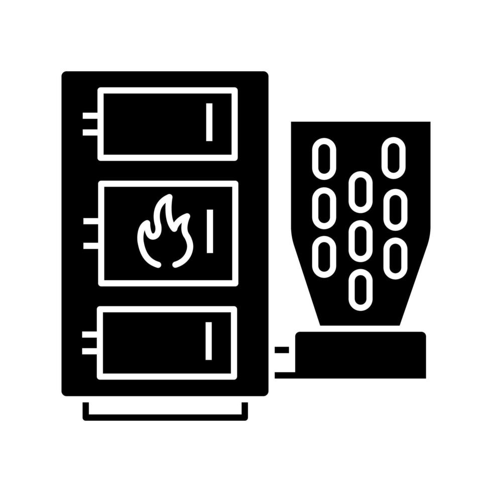 Pellet boiler glyph icon. Central heating system. Solid fuel boiler. Pellet burner system with three chambers. Silhouette symbol. Negative space. Vector isolated illustration