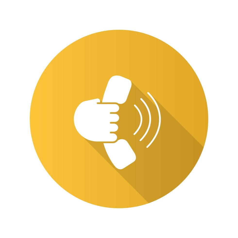 Hand holding handset flat design long shadow glyph icon. Answering the call. Hotline. Vector silhouette illustration