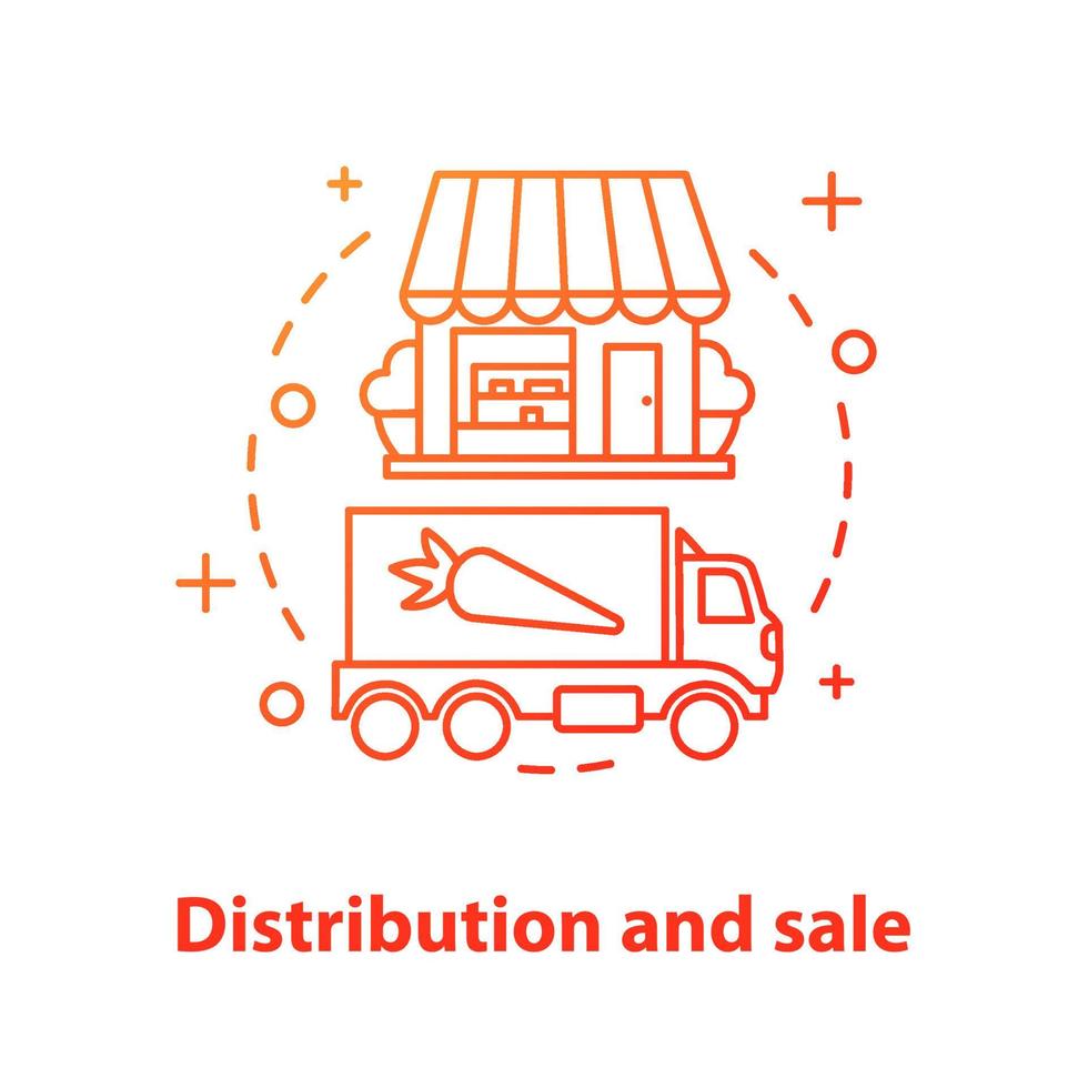 Distribution and sale concept icon. Eco food shop idea thin line illustration. Agricultural business. Eco products transportation. Vector isolated outline drawing