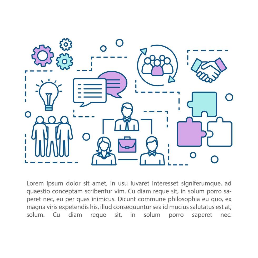 Teamwork concept linear illustration. Networking and coworking. Business partnership. Investors. Article, brochure, magazine page layout. Thin line icons with text boxes. Vector isolated drawing