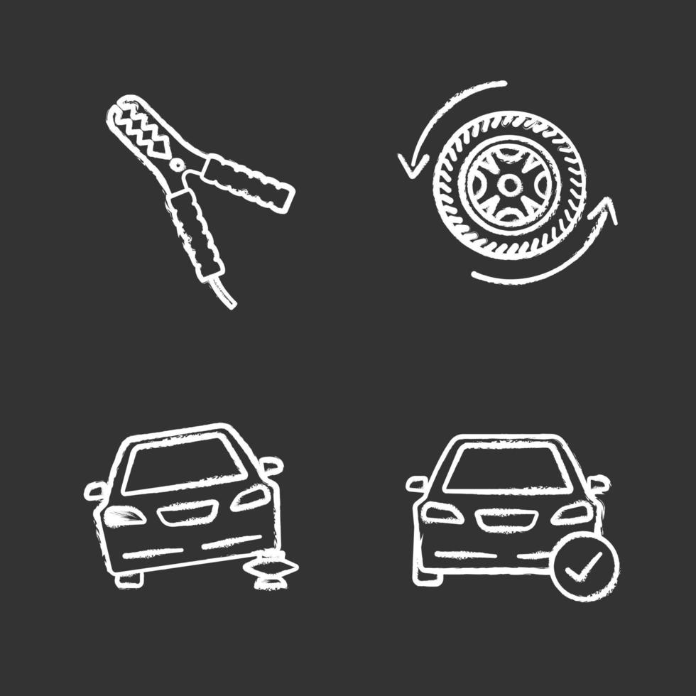 Auto workshop chalk icons set. Automobile with checkmark, car jumper, changing wheel, auto repair jack. Isolated vector chalkboard illustrations