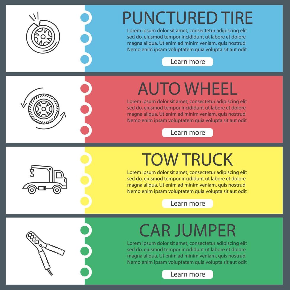 Auto workshop web banner templates set. Punctured tire, auto wheel, tow ruck, car jumper. Website color menu items with linear icons. Vector headers design concepts