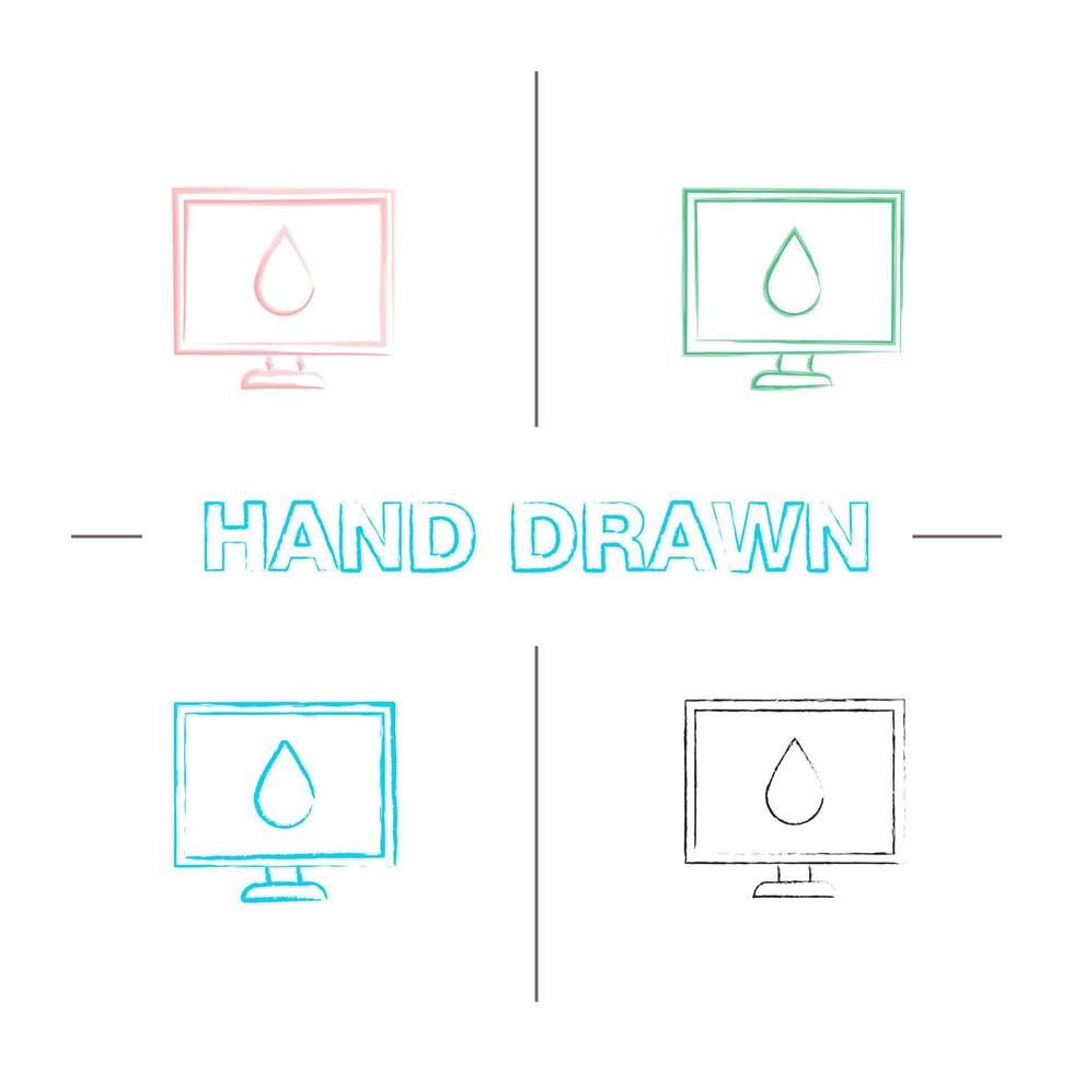Computer display calibration hand drawn icons set. Control of color printing quality. Color brush stroke. Isolated vector sketchy illustrations