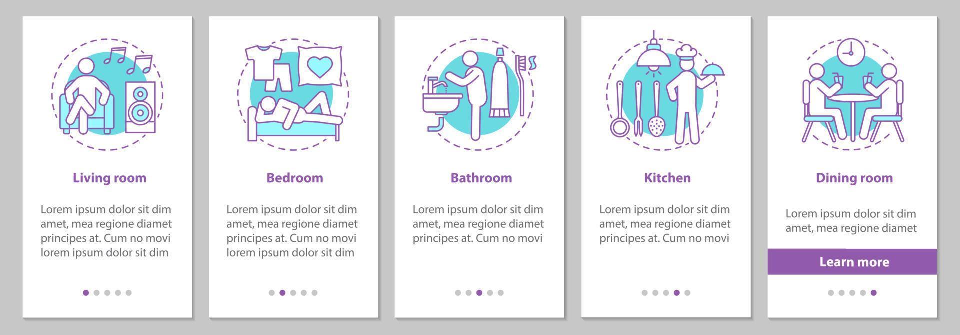 pantalla de la página de la aplicación móvil de incorporación de vida doméstica con conceptos lineales. habitaciones piso o casa pasos instrucciones gráficas. en casa. ux, ui, plantilla de vector de interfaz gráfica de usuario con ilustraciones