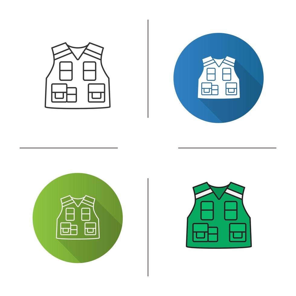 Police tactical vest icon. Flat design, linear and color styles. Bulletproof waistcoat. Fisherman, photographer clothes. Isolated vector illustrations