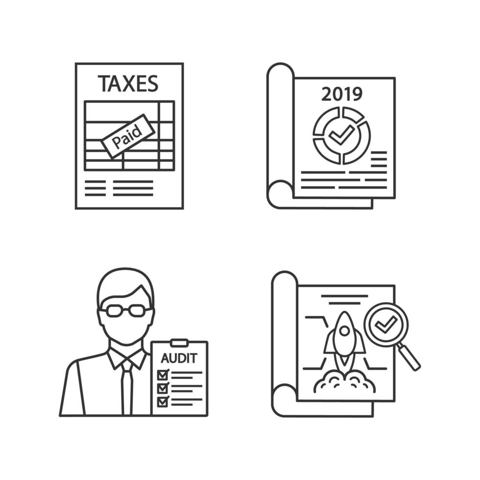 Audit linear icons set. Taxes return, annual report, auditor, project audit. Thin line contour symbols. Isolated vector outline illustrations. Editable stroke