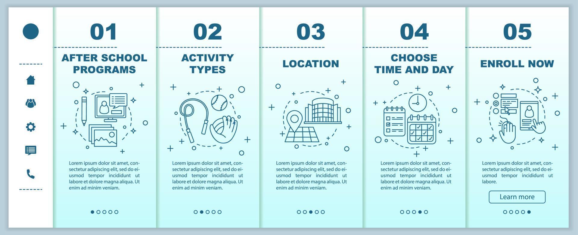 After school education onboarding mobile web pages vector template. After school learning center. Afterschool program. Responsive smartphone website interface. Webpage walkthrough step screens