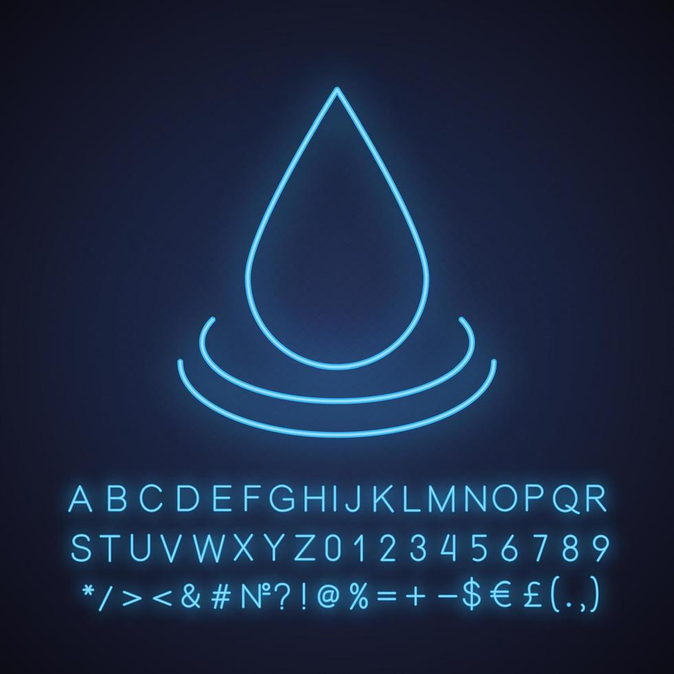 icono de luz de neón de gota de agua. gota de aceite de aromaterapia. signo brillante con alfabeto, números y símbolos. vector ilustración aislada
