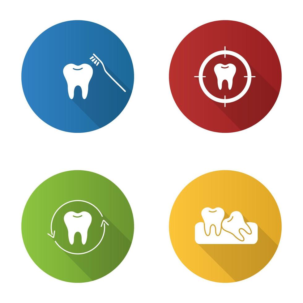 Conjunto de iconos de glifo de larga sombra de diseño plano de odontología. estomatología. cepillado de dientes, apuntar al diente, restauración dental, dientes torcidos. ilustración de silueta de vector