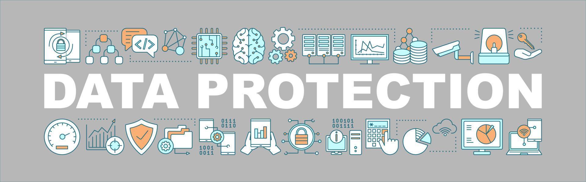 Data protection word concepts banner. IT technology. Big data. Isolated lettering typography idea with linear icons. Machine learning. Vector outline illustration