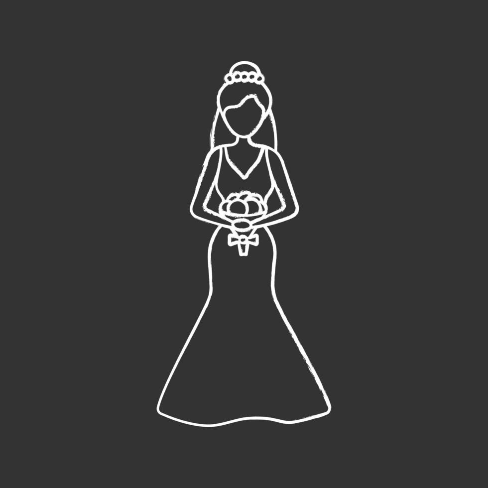 Bride chalk icon. Fiancee. Woman in wedding dress and bouquet. Wedding atelier. Isolated vector chalkboard illustration