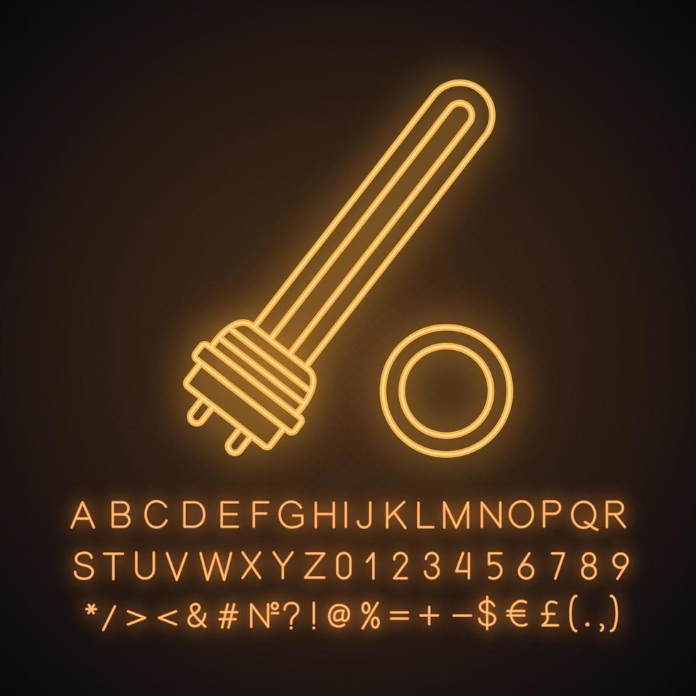Water heater element neon light icon. Immersion heater. Electric heating element. Glowing sign with alphabet, numbers and symbols. Vector isolated illustration