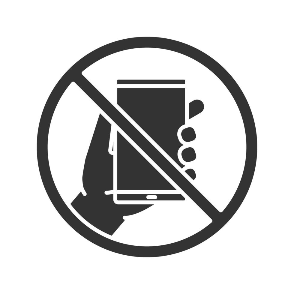 Forbidden sign with mobile phone glyph icon. No smartphone prohibition. Stop silhouette symbol. Negative space. Vector isolated illustration