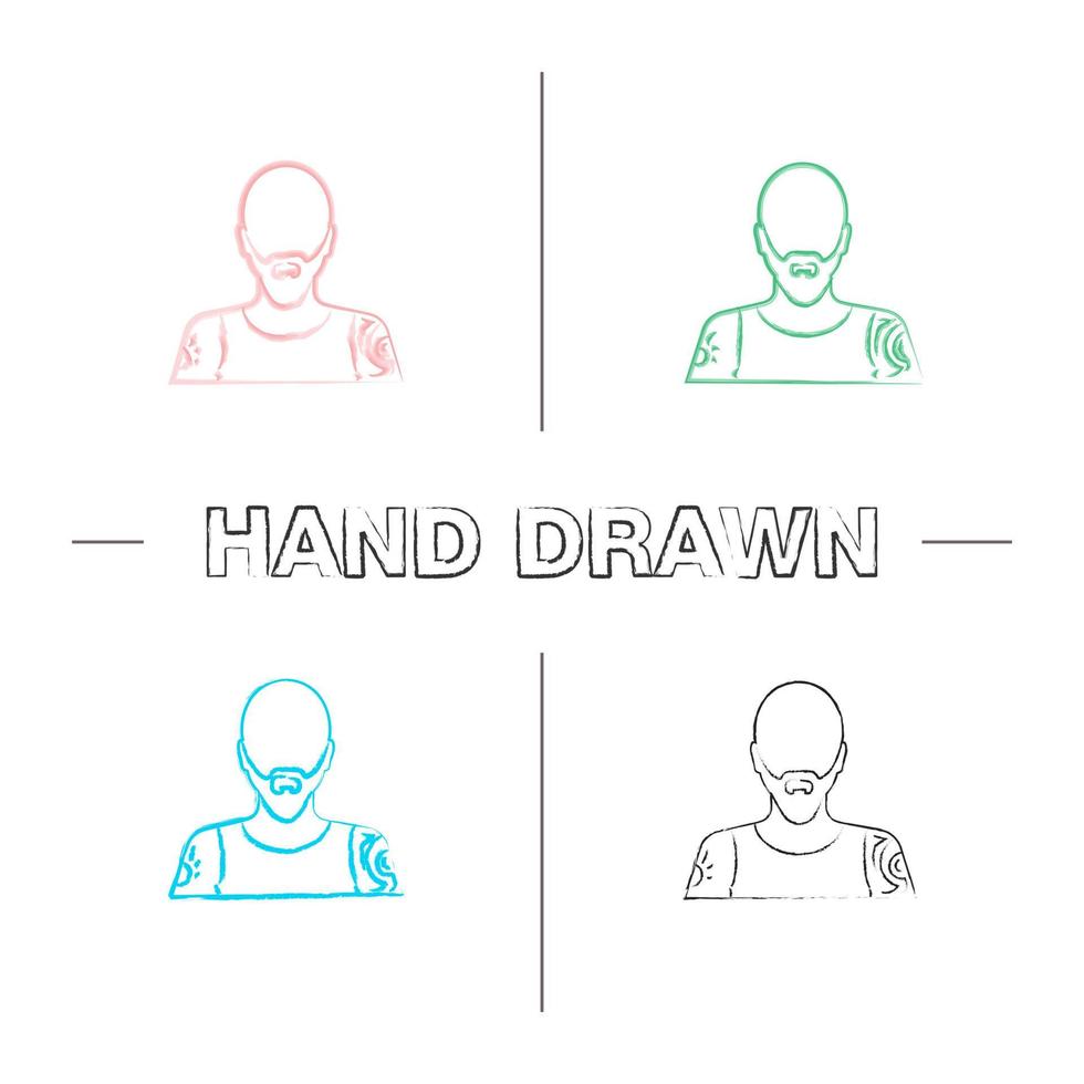 Tattoo artist hand drawn icons set. Color brush stroke. Tattooist. Man with tattooed body. Isolated vector sketchy illustrations