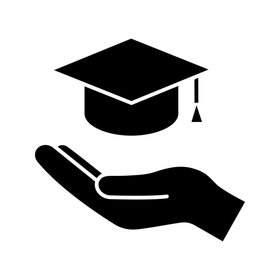 icono de glifo de educación accesible o gratuita. símbolo de silueta. mano abierta con gorro de graduación. obtener diploma. espacio negativo. vector ilustración aislada