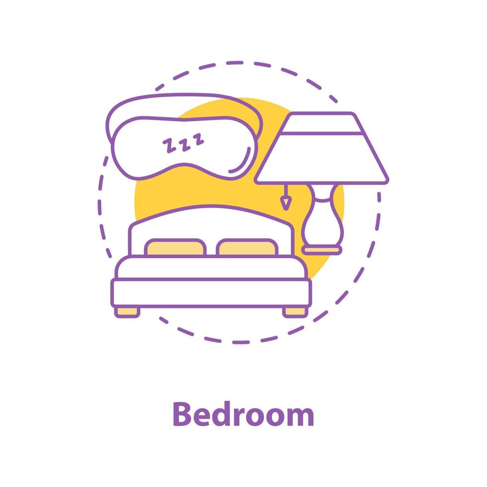 Bedroom interior concept icon. Interior design idea thin line illustration. Bed, sleeping mask and table lamp. Bedroom accessories and furniture. Vector isolated outline drawing