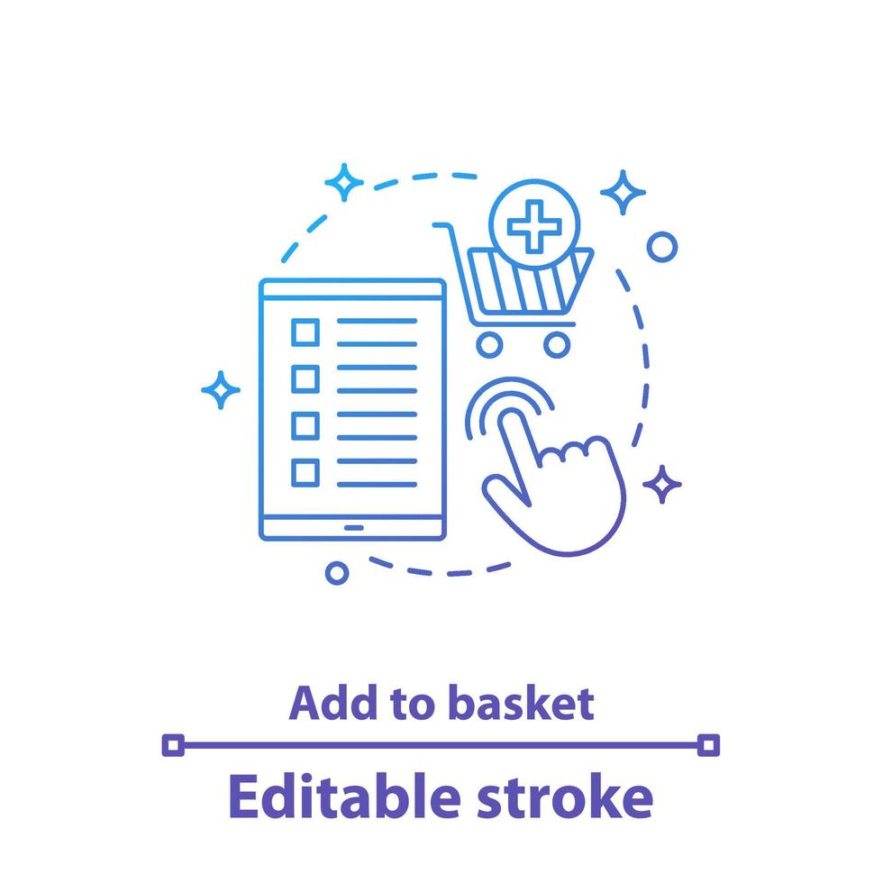 Add to basket concept icon. Online shopping. Digital purchase idea thin line illustration. Select items. Vector isolated outline drawing. Editable stroke