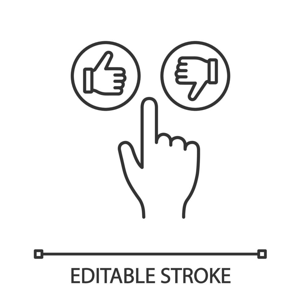 Like and dislike buttons click linear icon. Thumbs up and down. Thin line illustration. Hand pushing button. Contour symbol. Vector isolated outline drawing. Editable stroke
