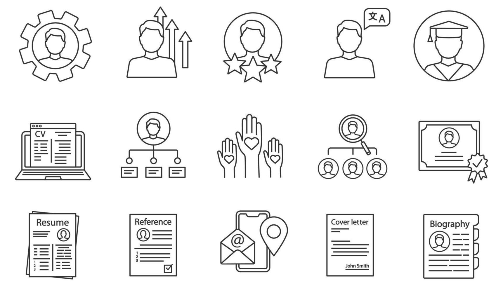 Resume linear icons set. Professional skills, education, experience, abilities. Employment. Headhunting, recruitment. CV, cover, reference letters. Isolated vector illustrations. Editable stroke