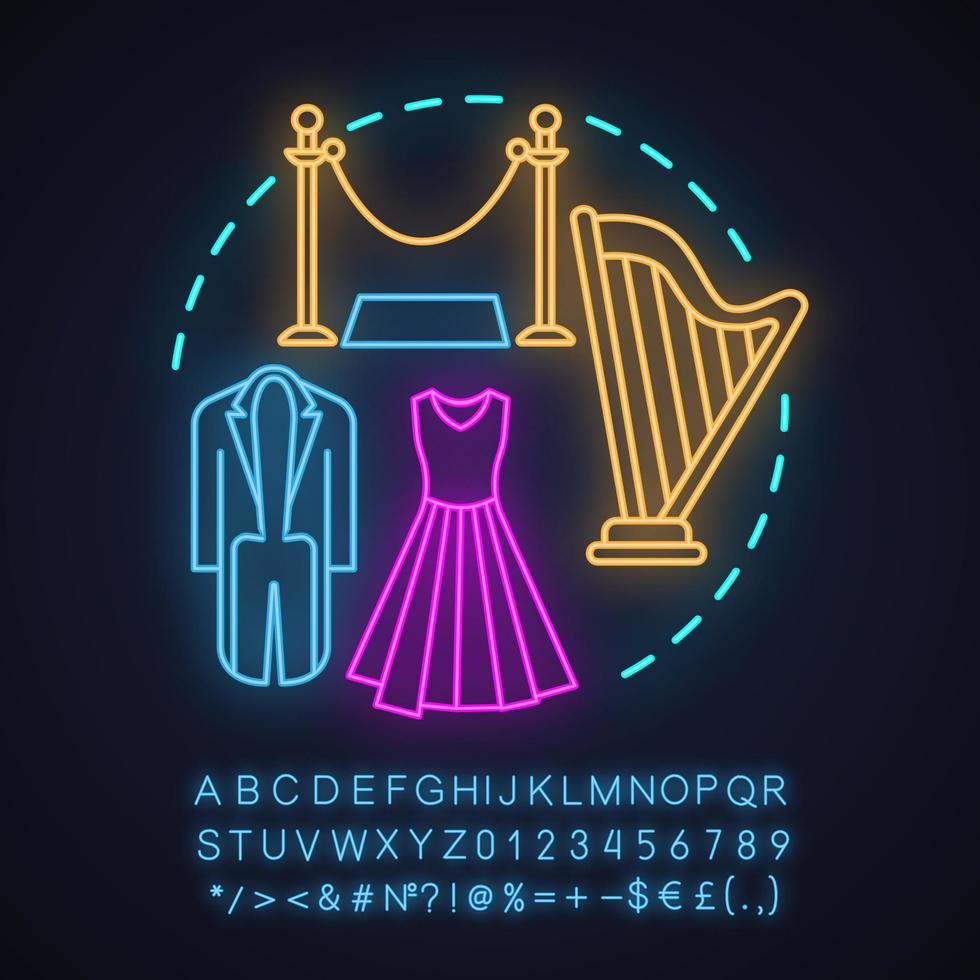Theater neon light concept icon. Symphony orchestra idea. Classical music concert. Glowing sign with alphabet, numbers and symbols. Vector isolated illustration