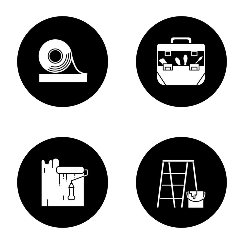 conjunto de iconos de glifo de herramientas de construcción. cinta adhesiva, bolsa de herramientas, rodillo de pintura, escalera de andamio. ilustraciones de siluetas blancas vectoriales en círculos negros vector