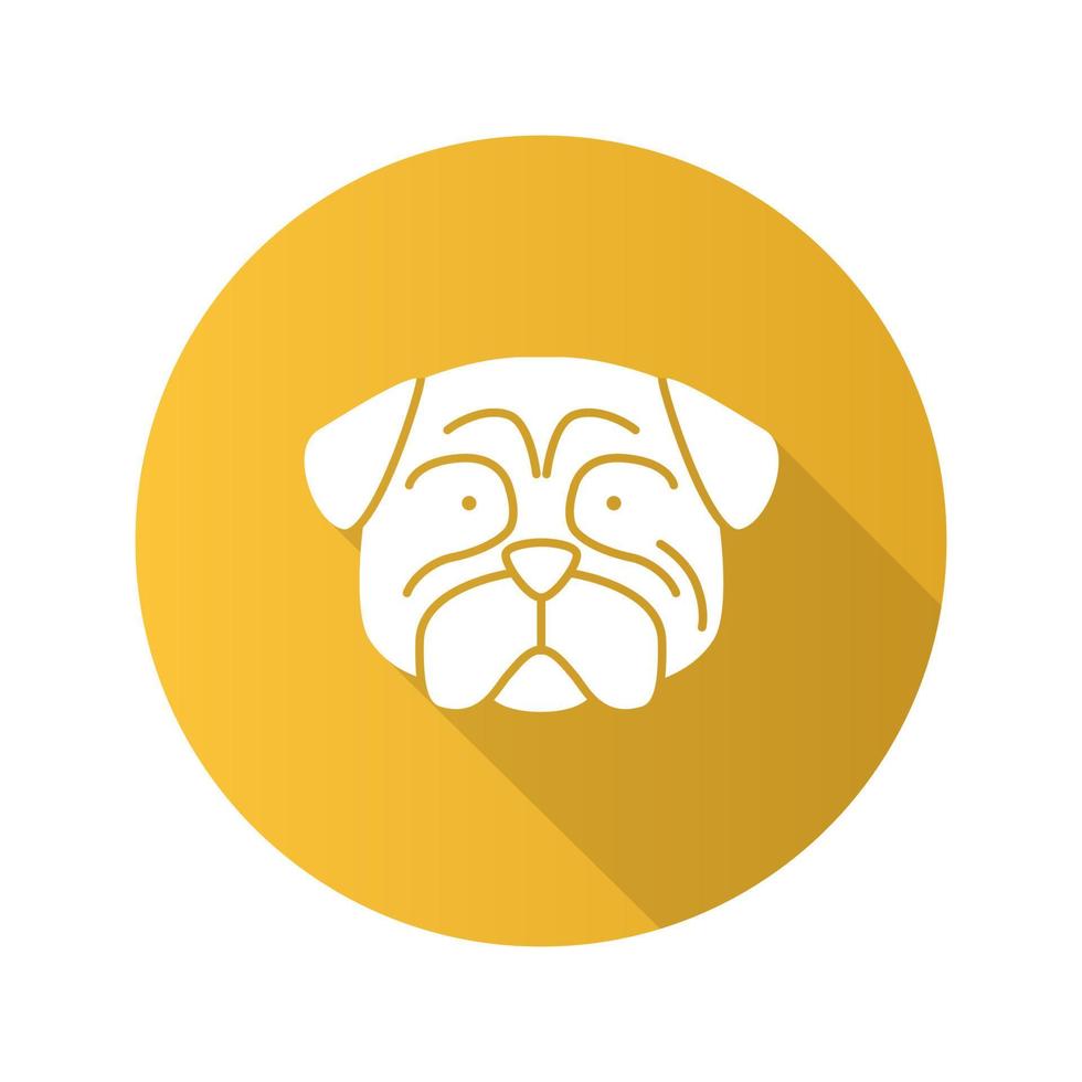 icono de glifo de larga sombra de diseño plano pug. trapeadores. raza de perro de compañía. ilustración de silueta de vector