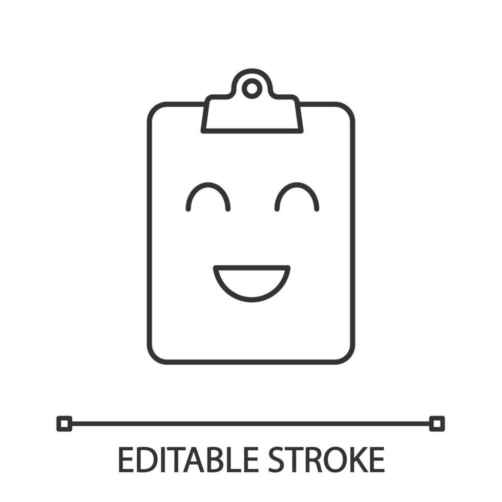 Smiling clipboard linear icon. Test completed. Thin line illustration. Successful medical exam. Happy clipboard. Good results. Emoji, emoticon. Contour vector isolated outline drawing. Editable stroke