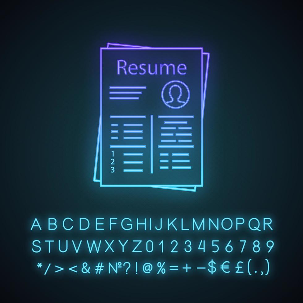 Resume neon light icon. CV. Curriculum vitae. Personal information. Glowing sign with alphabet, numbers and symbols. Vector isolated illustration