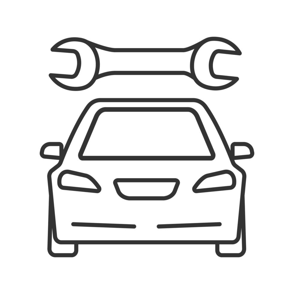 Car with spanner linear icon. Auto workshop. Thin line illustration. Repair service. Contour symbol. Vector isolated outline drawing