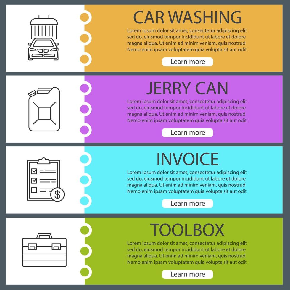 Auto workshop web banner templates set. Car washing, jerry can, invoice, toolbox. Website color menu items with linear icons. Vector headers design concepts