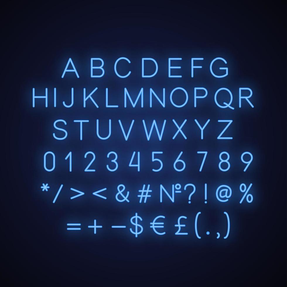 Blue alphabet, numbers and math signs neon light icon. ABC glowing symbols. Letters. Vector isolated illustration