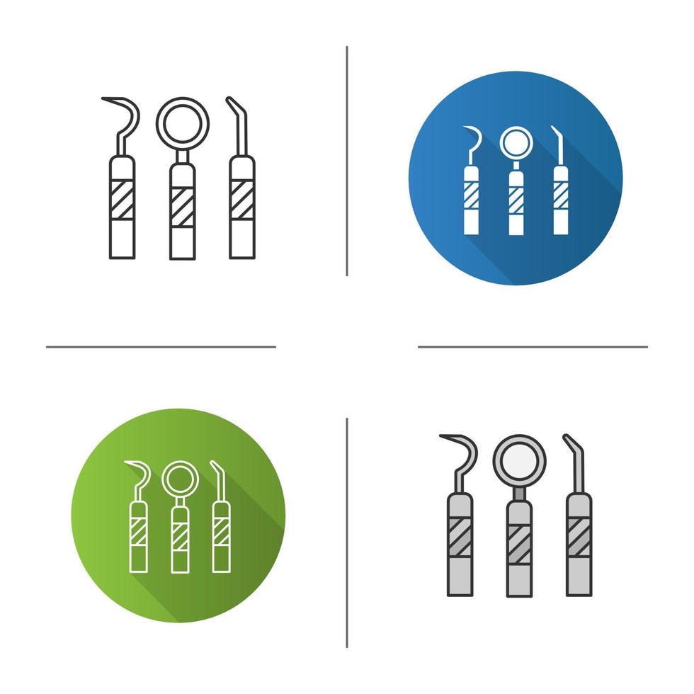 Dental instruments icon. Mouth mirror, dental probe and dentist's excavator. Flat design, linear and color styles. Isolated vector illustrations