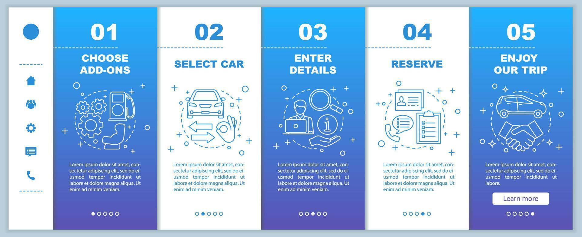 Car rental service onboarding mobile web pages vector template. Auto leasing. Responsive smartphone website interface idea with linear illustrations. Rent a car. Webpage walkthrough step screens