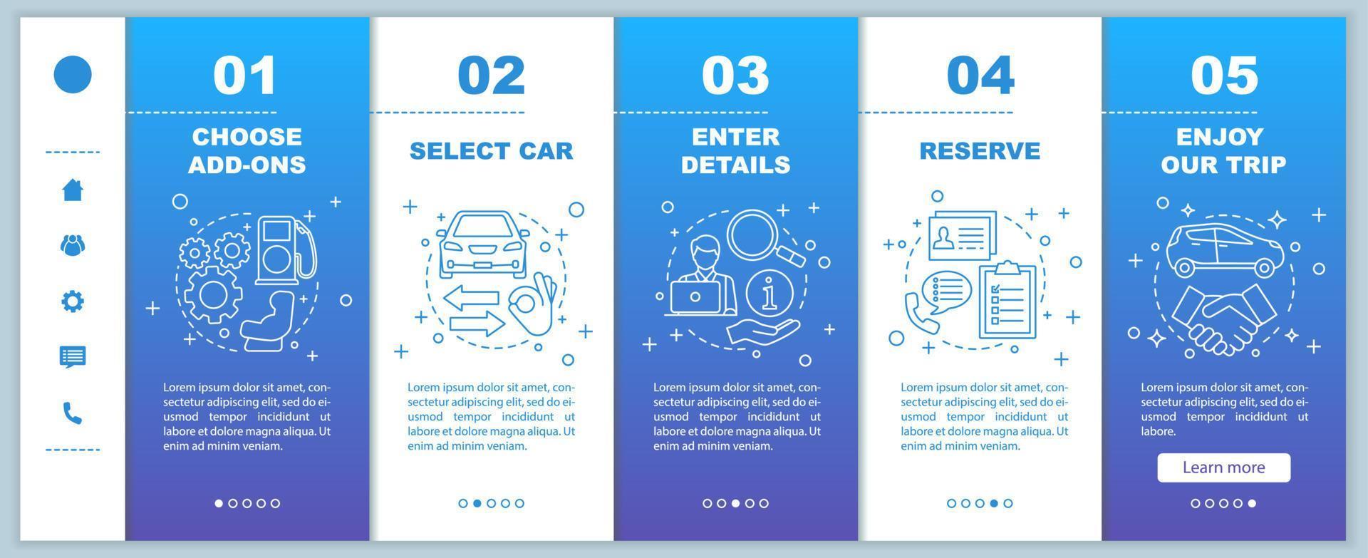 Car rental service onboarding mobile web pages vector template. Auto leasing. Responsive smartphone website interface idea with linear illustrations. Rent a car. Webpage walkthrough step screens