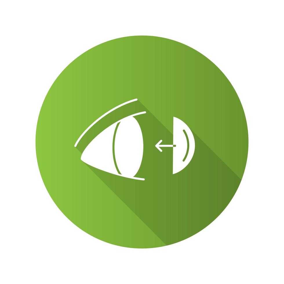lentes de contacto oculares poniéndose en diseño plano icono de glifo de sombra larga. ilustración de silueta de vector