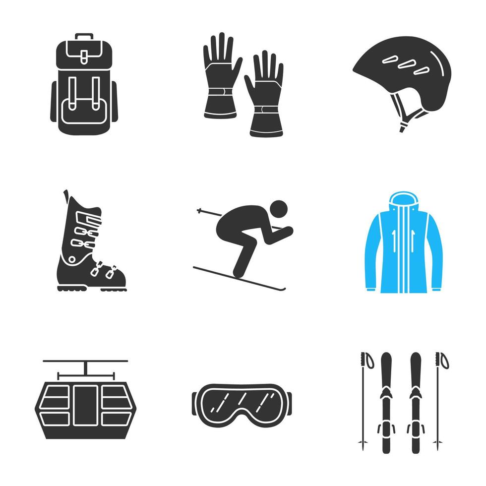 Winter activities glyph icons set. Backpack, gloves, goggles, helmet, ski boot, boards and poles, skier, jacket, funicular. Silhouette symbols. Vector isolated illustration