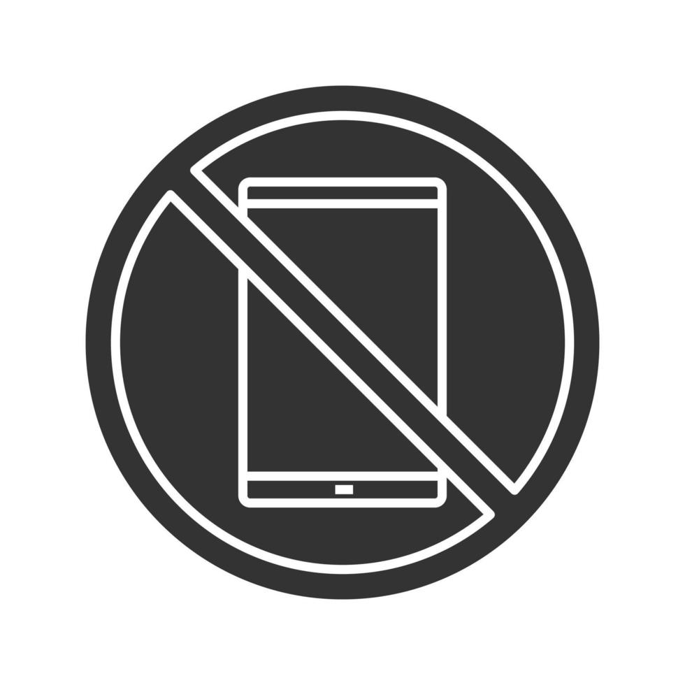 Señal de prohibido con el icono de glifo de teléfono móvil. sin prohibición de teléfonos inteligentes. símbolo de silueta. espacio negativo. vector ilustración aislada
