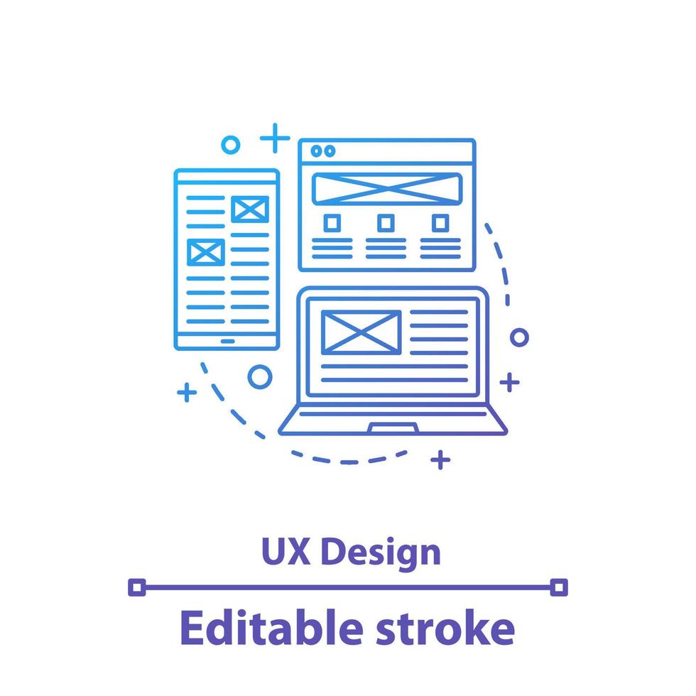 UX design concept icon. App development. Web design idea thin line illustration. Website interface. Vector isolated outline drawing. Editable stroke