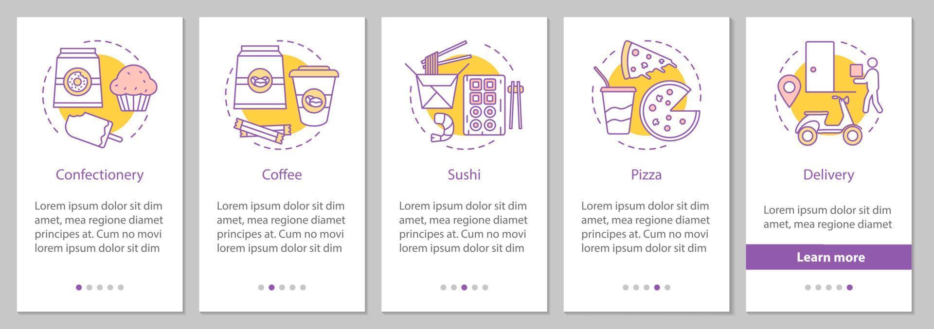 pantalla de la página de la aplicación móvil de incorporación de entrega de alimentos con conceptos lineales. confitería, café, sushi, instrucciones gráficas de pasos de pizza. ux, ui, plantilla de vector de interfaz gráfica de usuario con ilustraciones