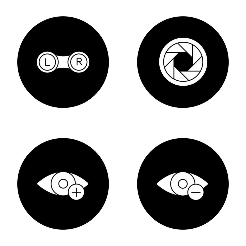 Ophthalmology glyph icons set. Contact lenses box, diaphragm, hyperopia, myopia. Vector white silhouettes illustrations in black circles