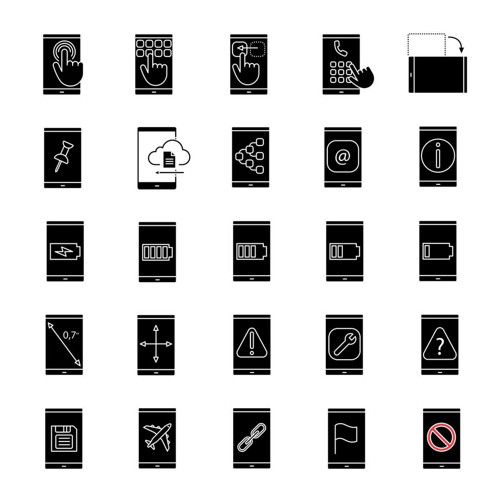 Smartphone glyph icons set. Internet connection, data transfer, apps, communication. Silhouette symbols. Vector isolated illustration